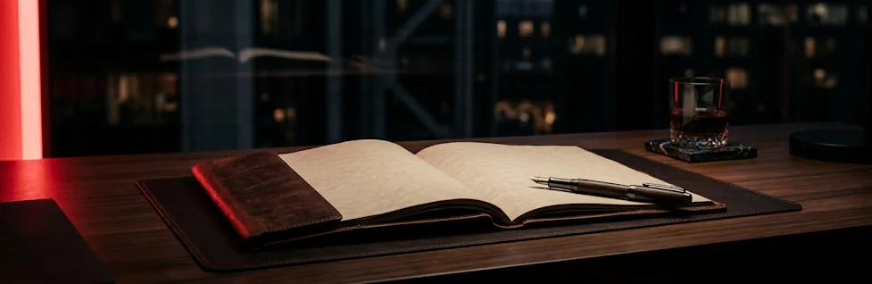 Libro abierto con pluma sobre escritorio simbolizando documentos legales