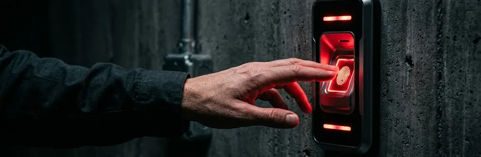 Lector biometrico iluminado en rojo simbolizando la proteccion de datos personales
